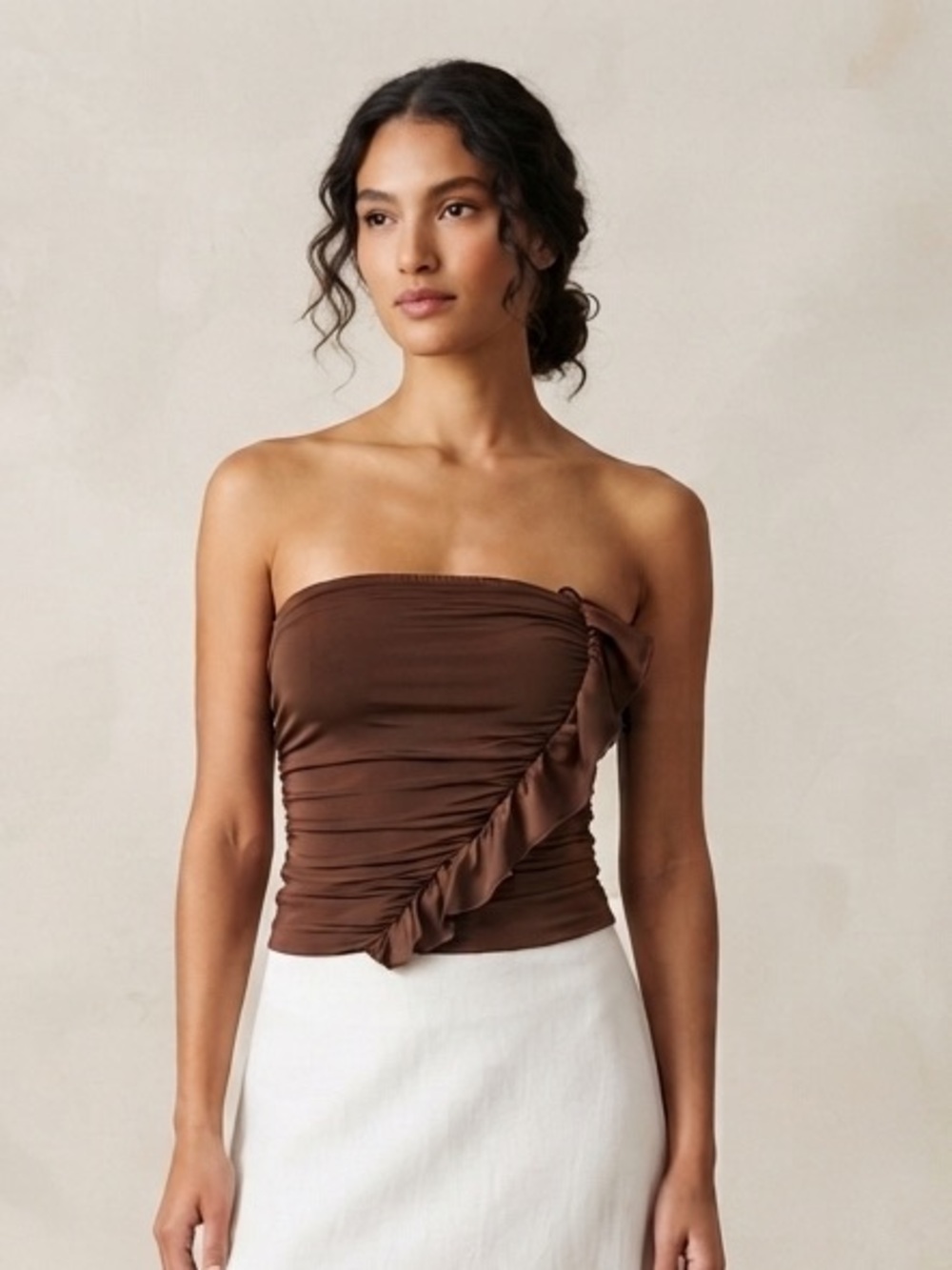 Gaze Brown Ruffle Strapless Top